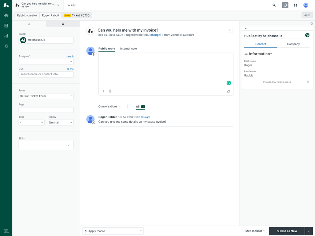 HubSpot by helphouse.io primary marketing image — CRM and Marketing app on the Zendesk Marketplace