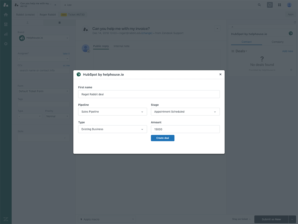 HubSpot by helphouse.io dashboard view — CRM and Marketing app on the Zendesk Marketplace